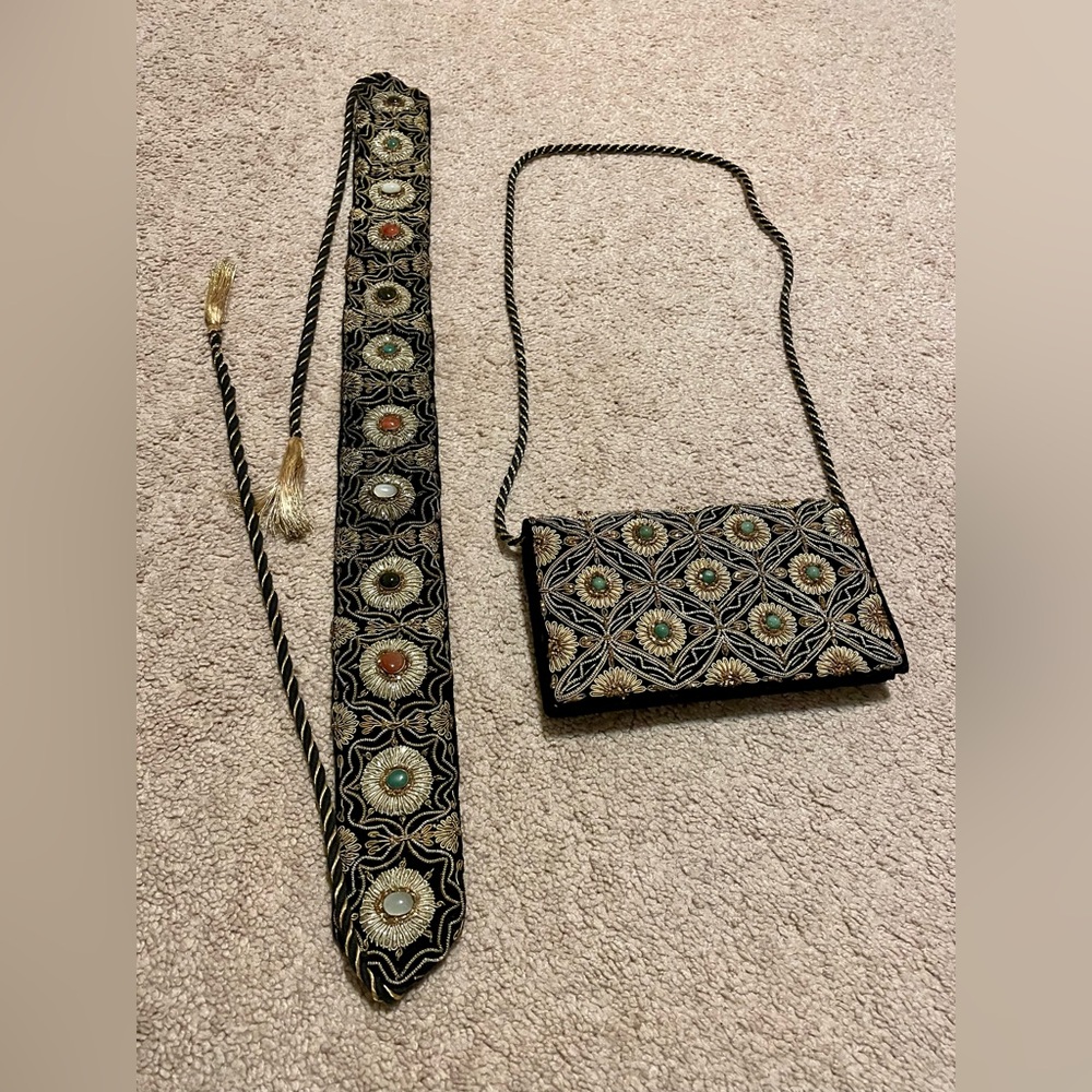 Vintage Zardori Elegant Black and Gold Embroidered Women's Bag and Belt